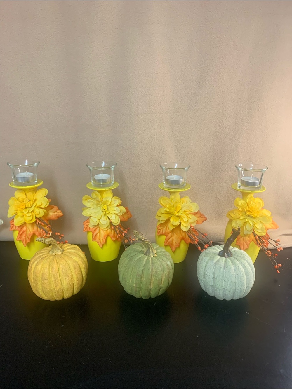 Yellow Floral Candle Holder Set with Decorative Pumpkins - Home Accents